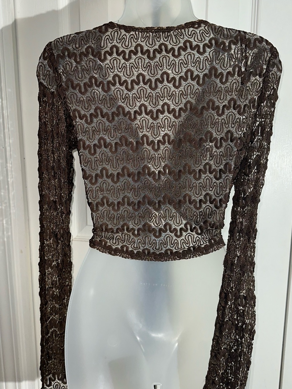 Y2K Brown Gold Open Long Sleeve Crochet Cardigan M-L AA22 - Picture 5 of 7